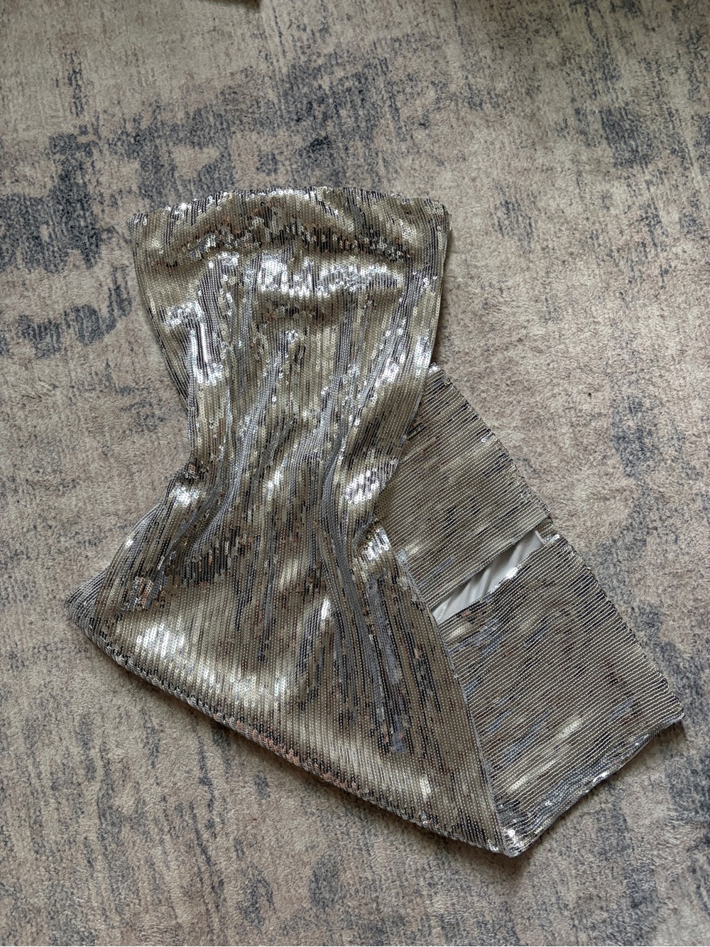 OAK + FORT Silver Strapless Sequin Midi Dress